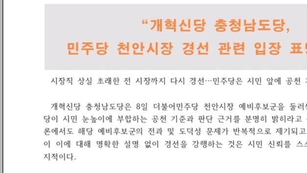 구본영·한태선·김영만 거론한 개혁신당 "민주당, 천안시장 공천 기준 밝혀야"